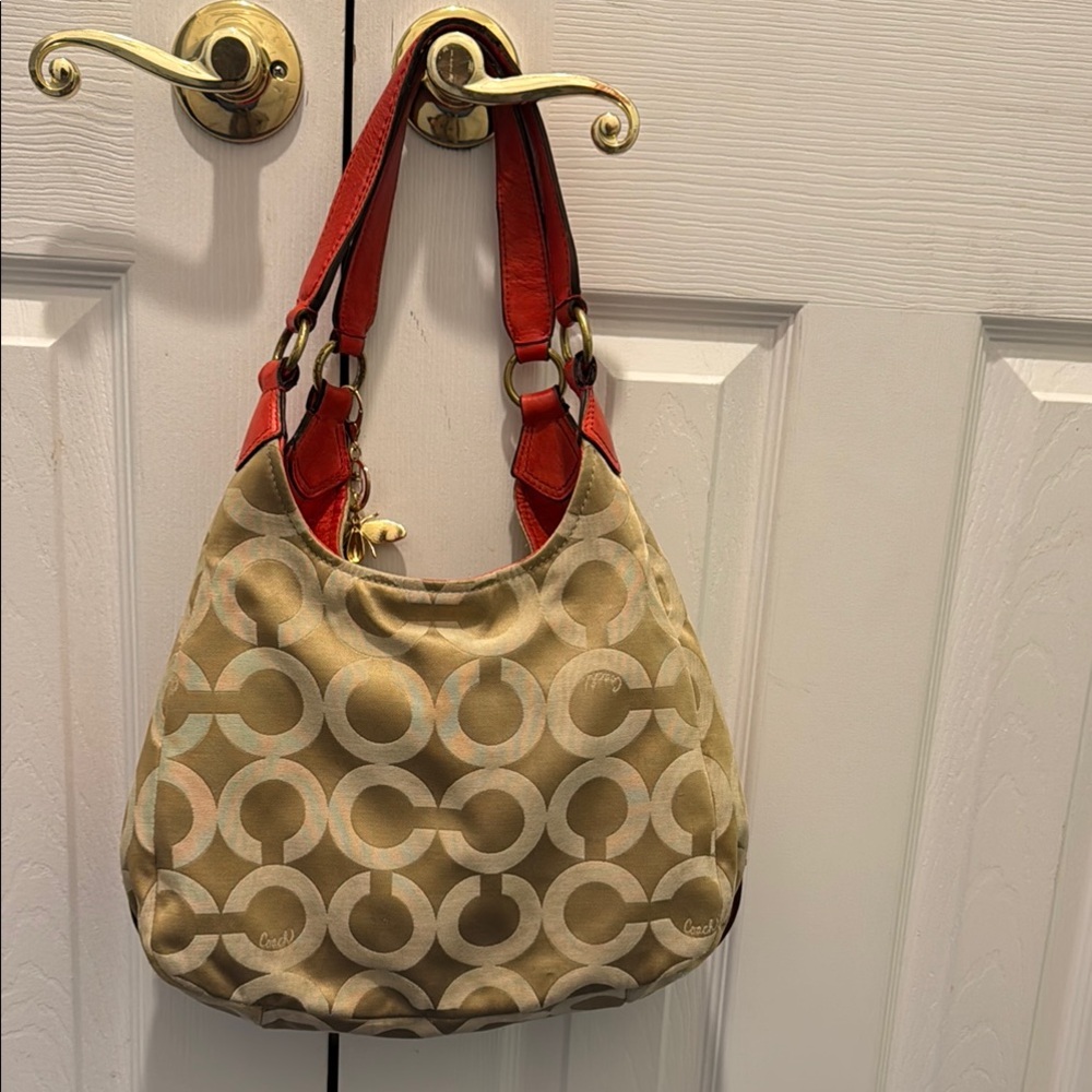 Coach Tan and Orange Signature Monogram Bag featuring Carriage logo on front. - Picture 3 of 16